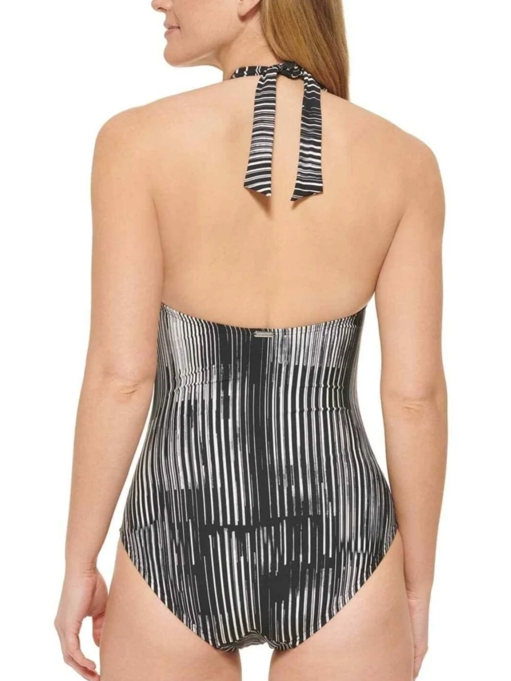 Calvin Klein Black & White Striped High-Neck One-Piece Swimsuit